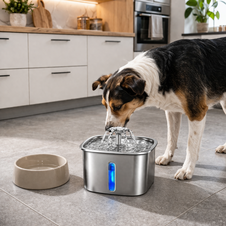 Kutya iszik a PetFlow automata itatókútból