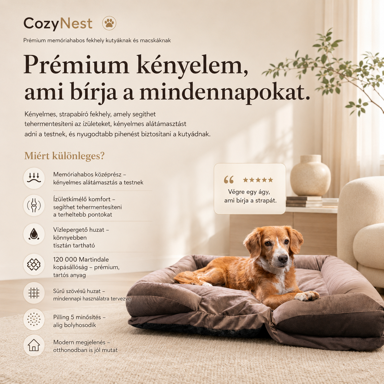 CozyNest Prémium Bőrbarát Víz- és Kopásálló Memóriahabos Kutya és Macska Fekhely