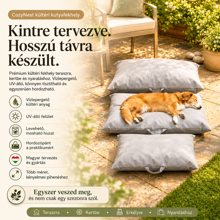 CozyNest kültéri kutyafekhely fő tulajdonságai és felhasználási helyei