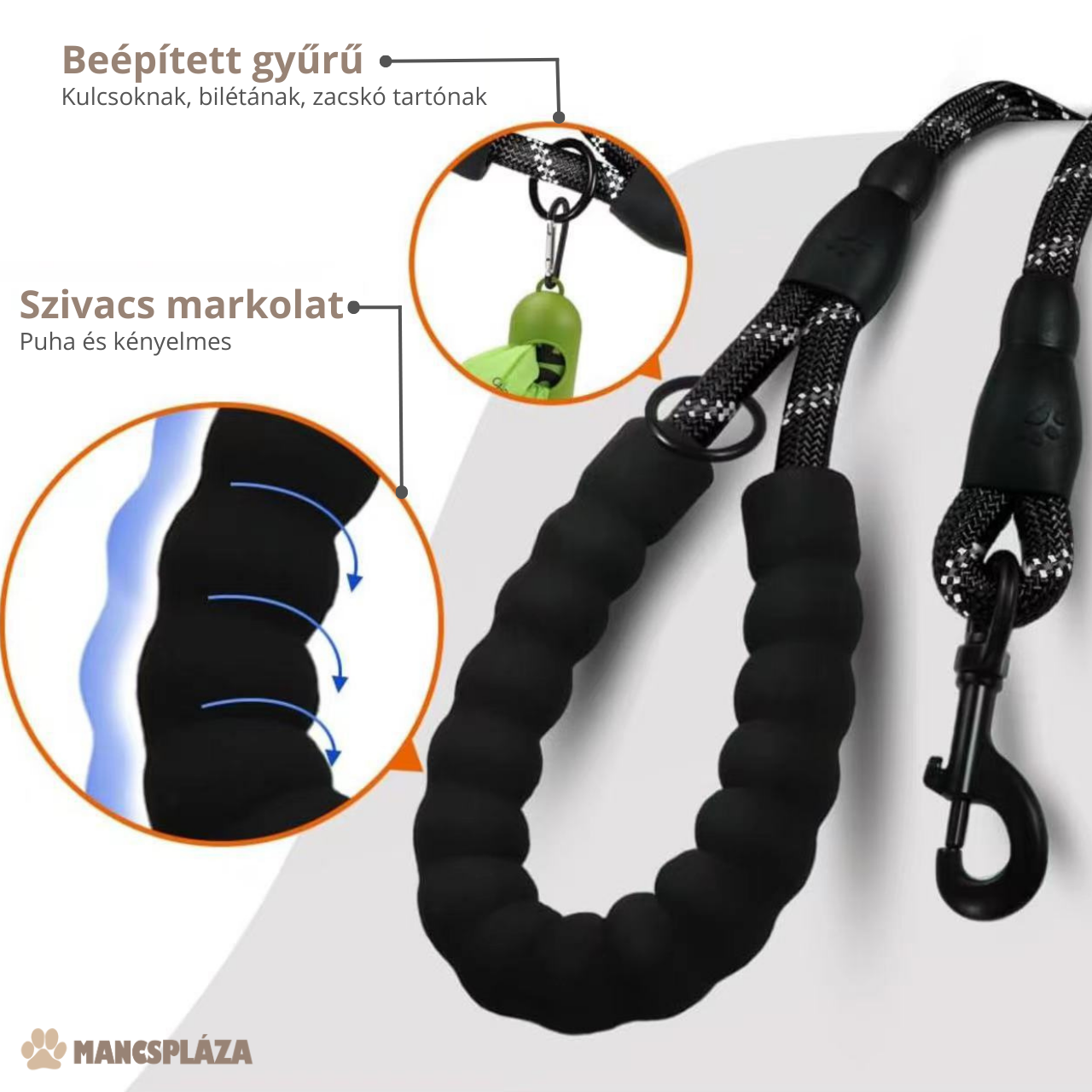 Walkee Prémium Fényvisszaverő Kutyapóráz 360° Forgó Karabinerrel Ajándék Zacskóval és Tartóval